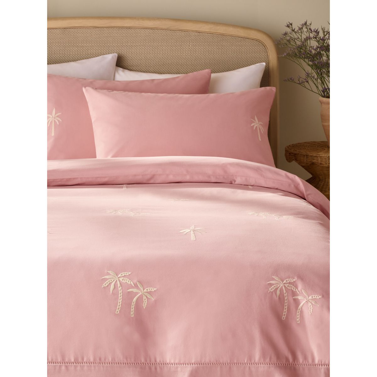 Housse de couette et taie à palmiers brodés pêche rose, NEXT