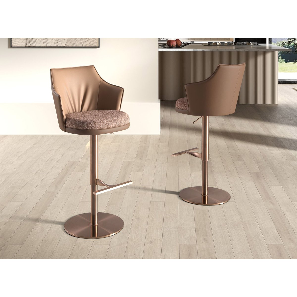 Tabouret pivotant en tissu marbré et similicuir marron | rose, ANGEL CERDA
