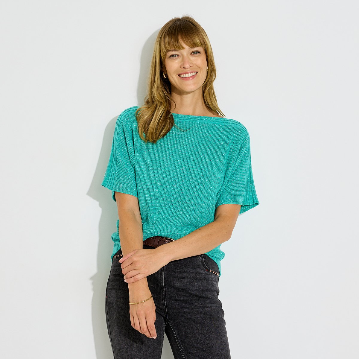 Pull brillant manches courtes vert, GRAIN DE MALICE