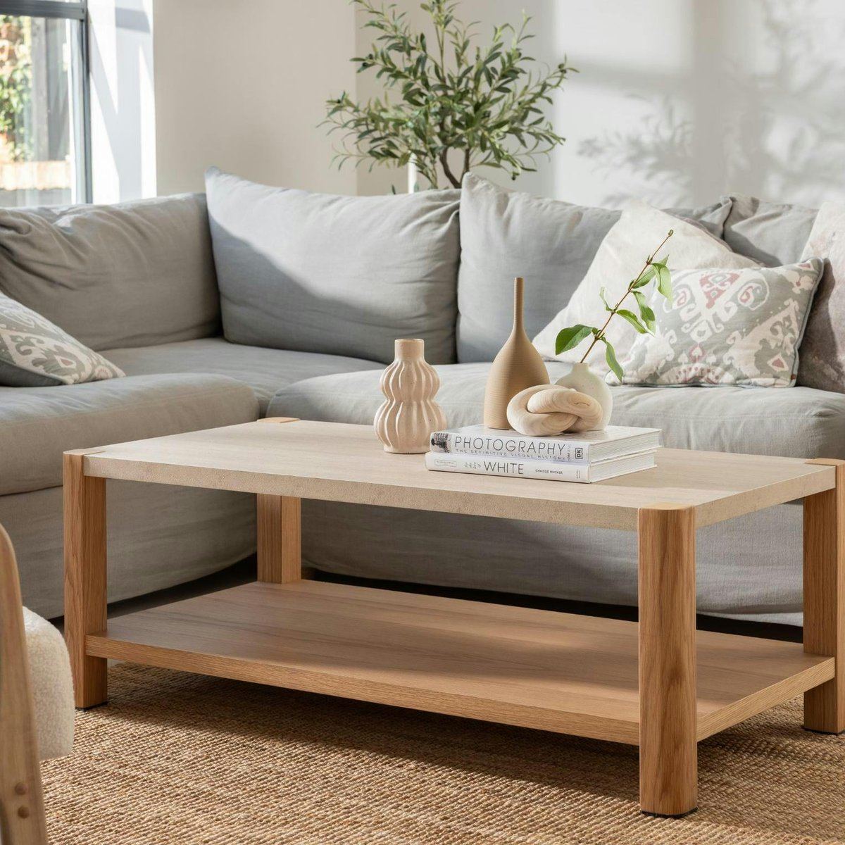 Table basse moderne 2 plateaux TREVI bois naturel, PIER IMPORT