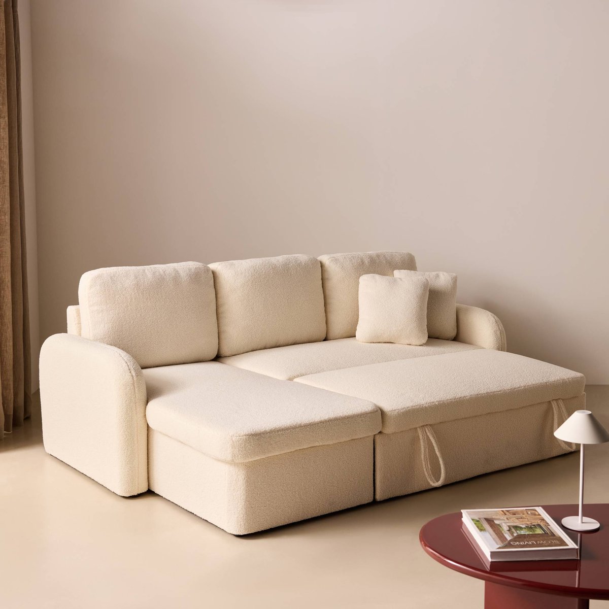 Canapé convertible réversible 3 places lignes arrondies bouclette avec coffre MILANO crème, SWEEEK