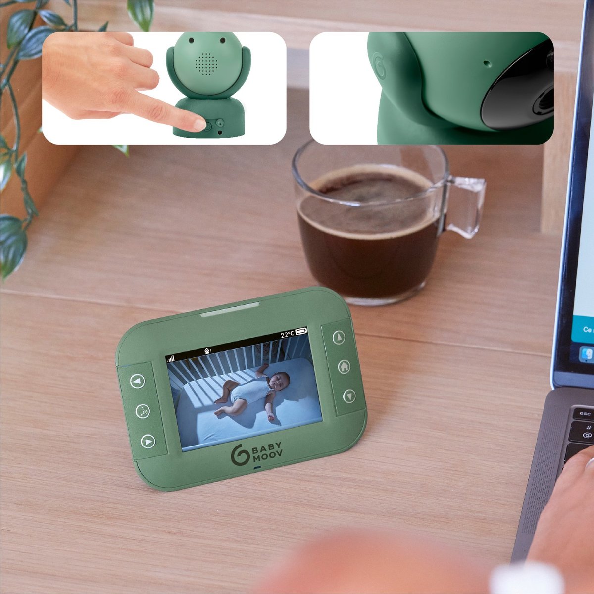 Babyphone vidéo multifonctions Yoo Twist avec caméra rotative et inclinable vert, BABYMOOV