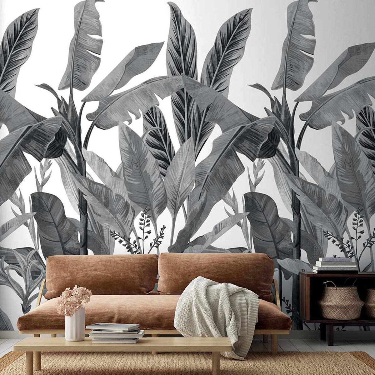 Papier peint bananier en monochRome noir et blanc, HEXOA