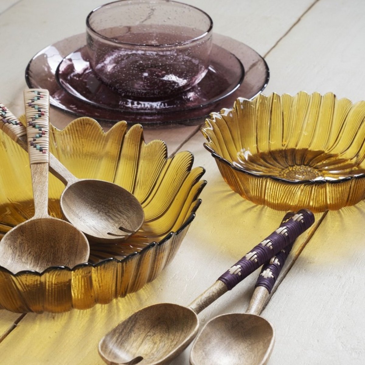 Bols verre forme tournesol set de 2 jaune moutarde, MADAM STOLTZ