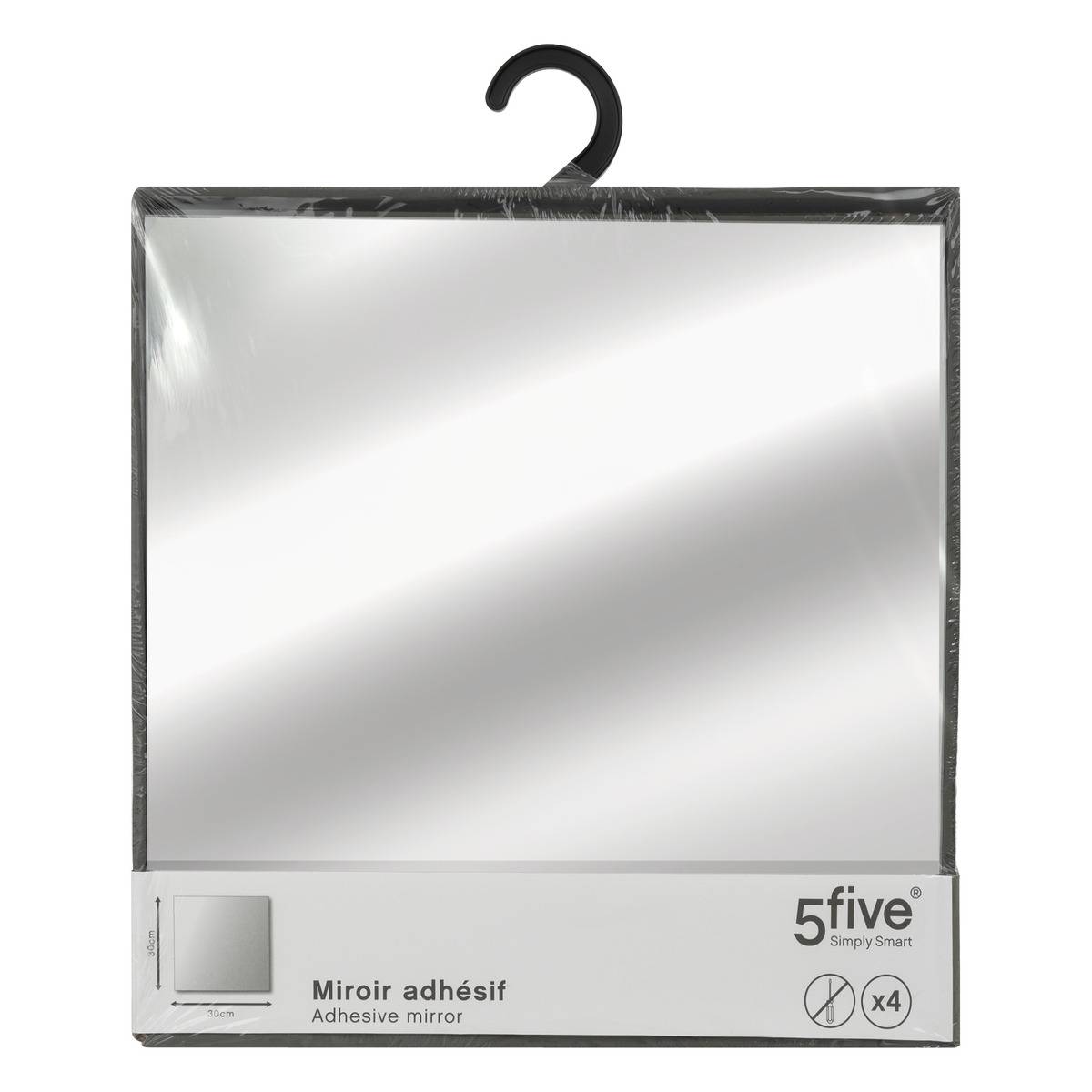 Lot de 4 grands miroirs carrés adhésifs en verre argent, 5FIVE SIMPLY SMART