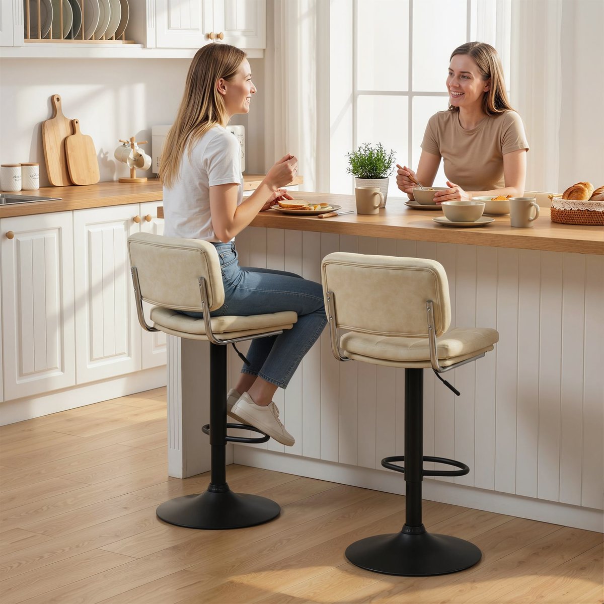 Tabouret de bar Revêtement synthétique PU crème, noir, HOMCOM
