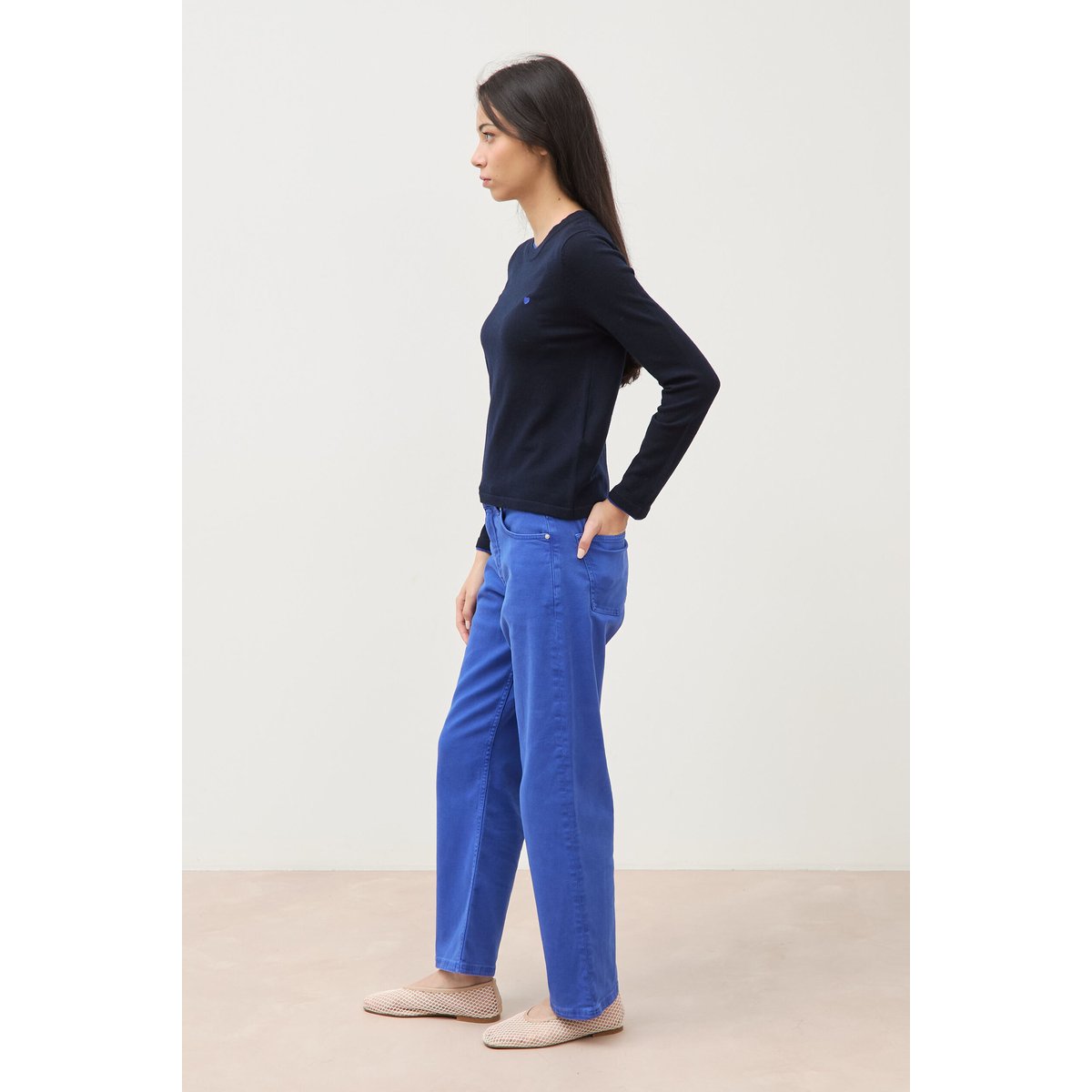 Pull fin col rond manches longues bleu foncé, BONOBO