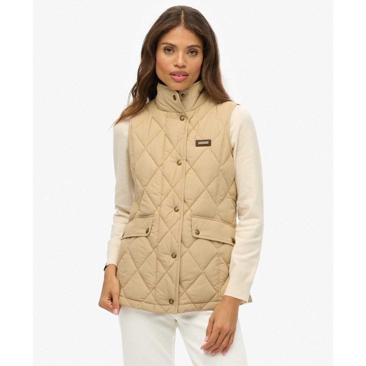Veste sans manches à doublure bordée de velours côtelé beige shaker, SUPERDRY