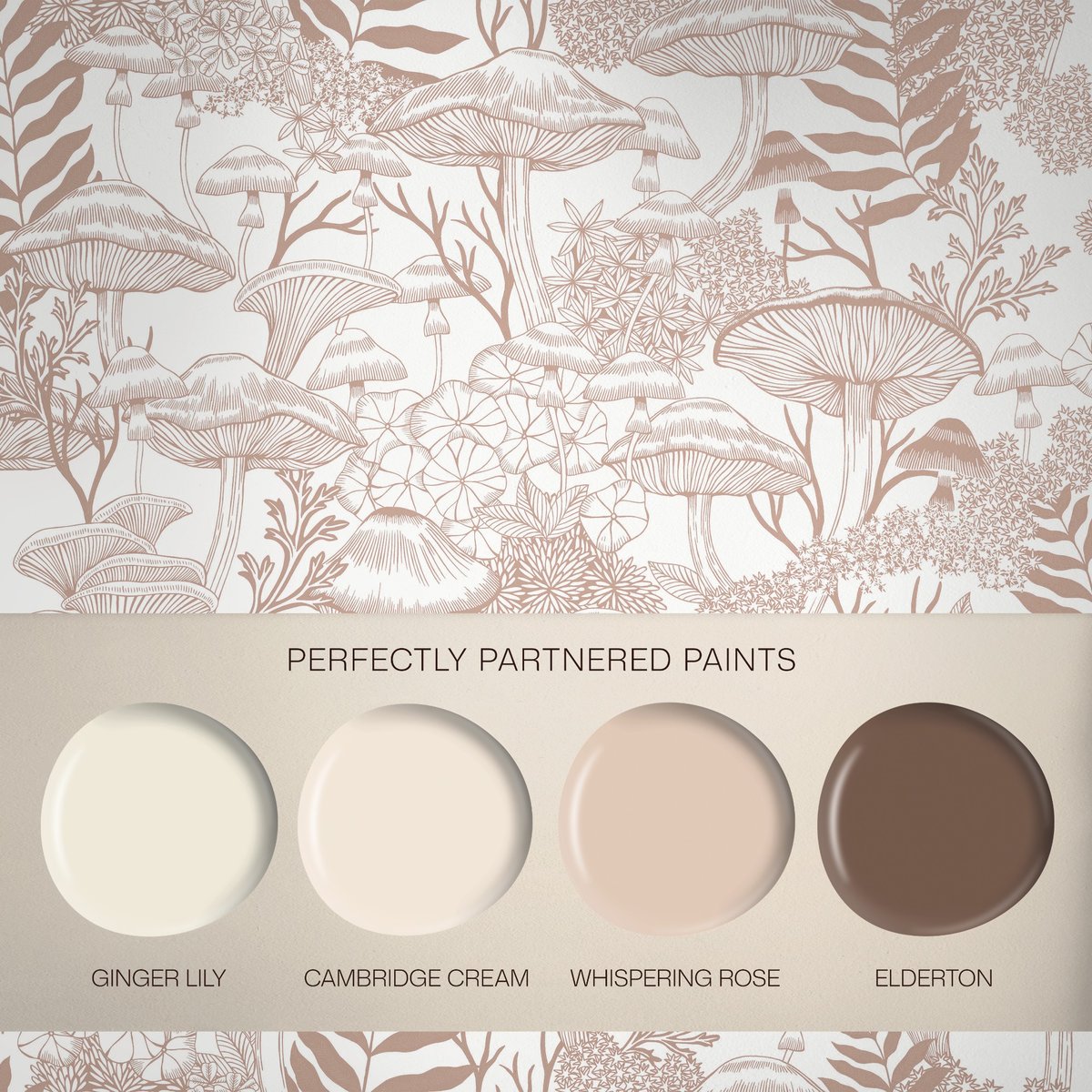 Papier peint Champignons Fungi Folklore Whispering rose poudré sur fond blanc cassé, GRAHAM ET BROWN
