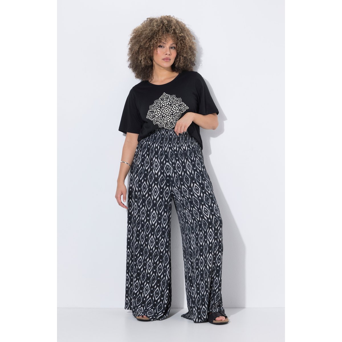 Pantalon rose, taille smockée noir, ULLA POPKEN