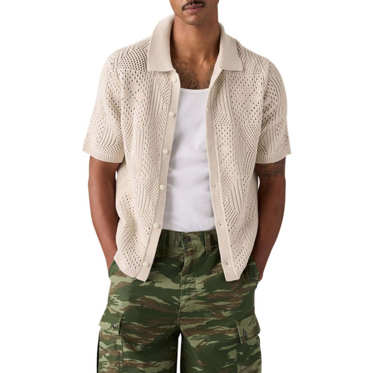Polo en coton beige à coupe droite pourvu d'un col à revers côtelé beige, LEVI'S