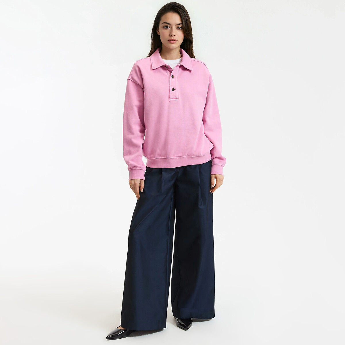 Felpa con collo a polo, puro cotone rosa, LA REDOUTE COLLECTIONS