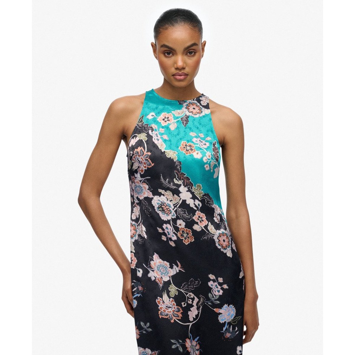 Robe longue en jacquard Racer bleu sarcelle à fleurs eriko, SUPERDRY