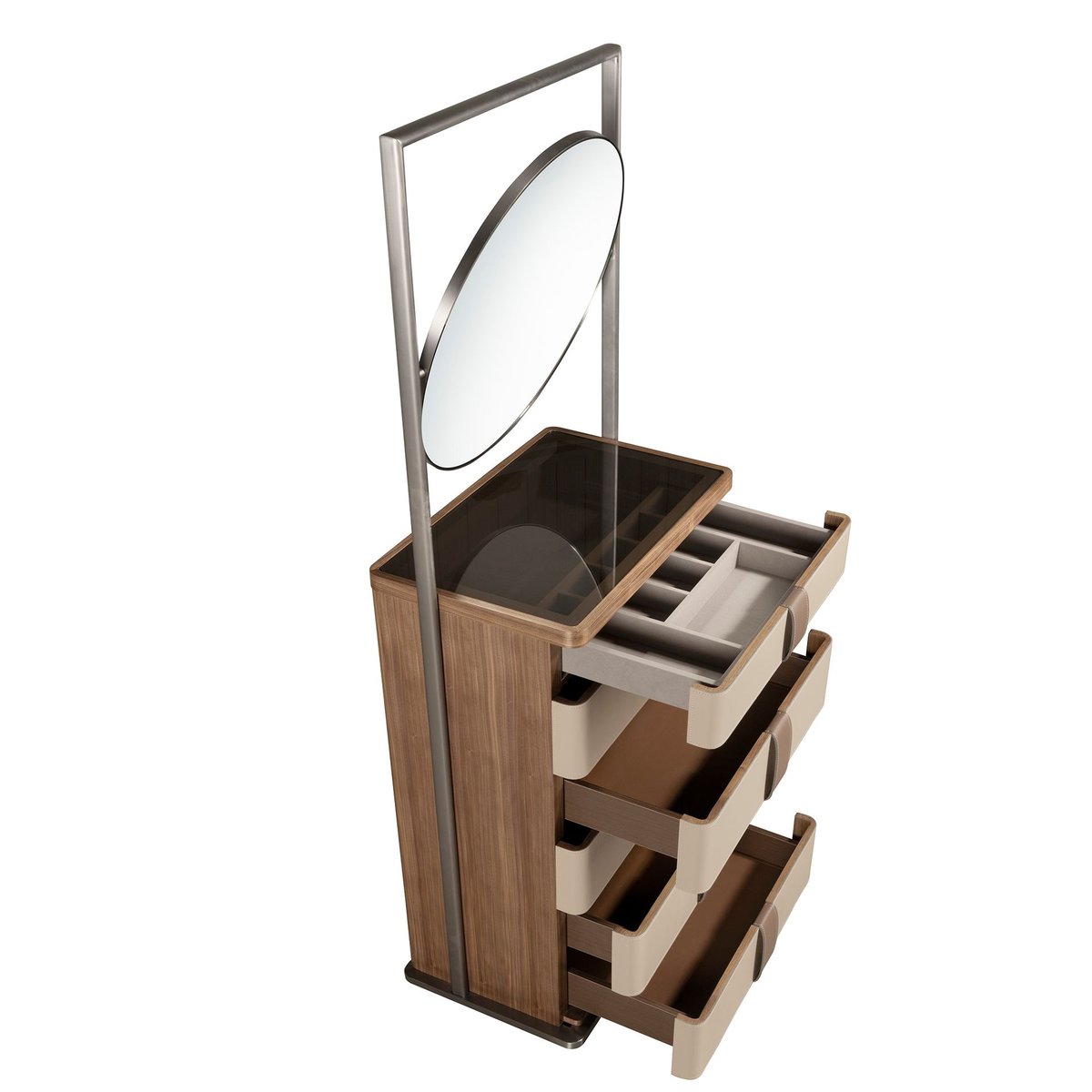 Commode en similicuir, noyer, acier et plateau en verre fumé avec miroir taupe | noyer | acier, ANGEL CERDA