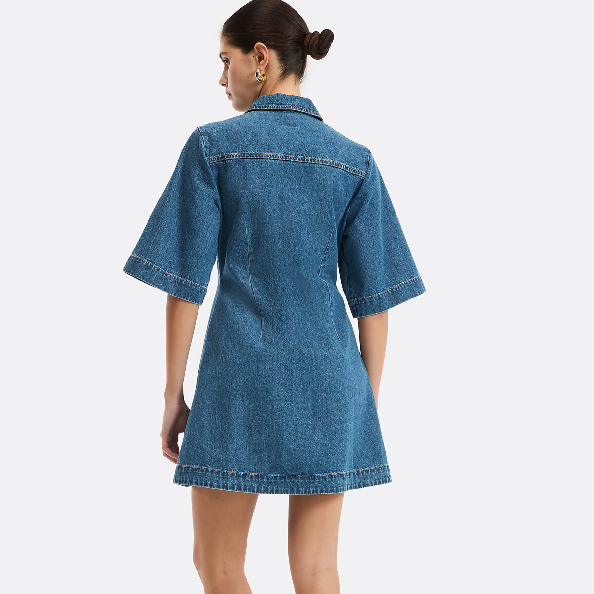 Wijde denim jurk, kort, korte mouwen, drukknopen aan de voorkant stoned denim , LA REDOUTE COLLECTIONS