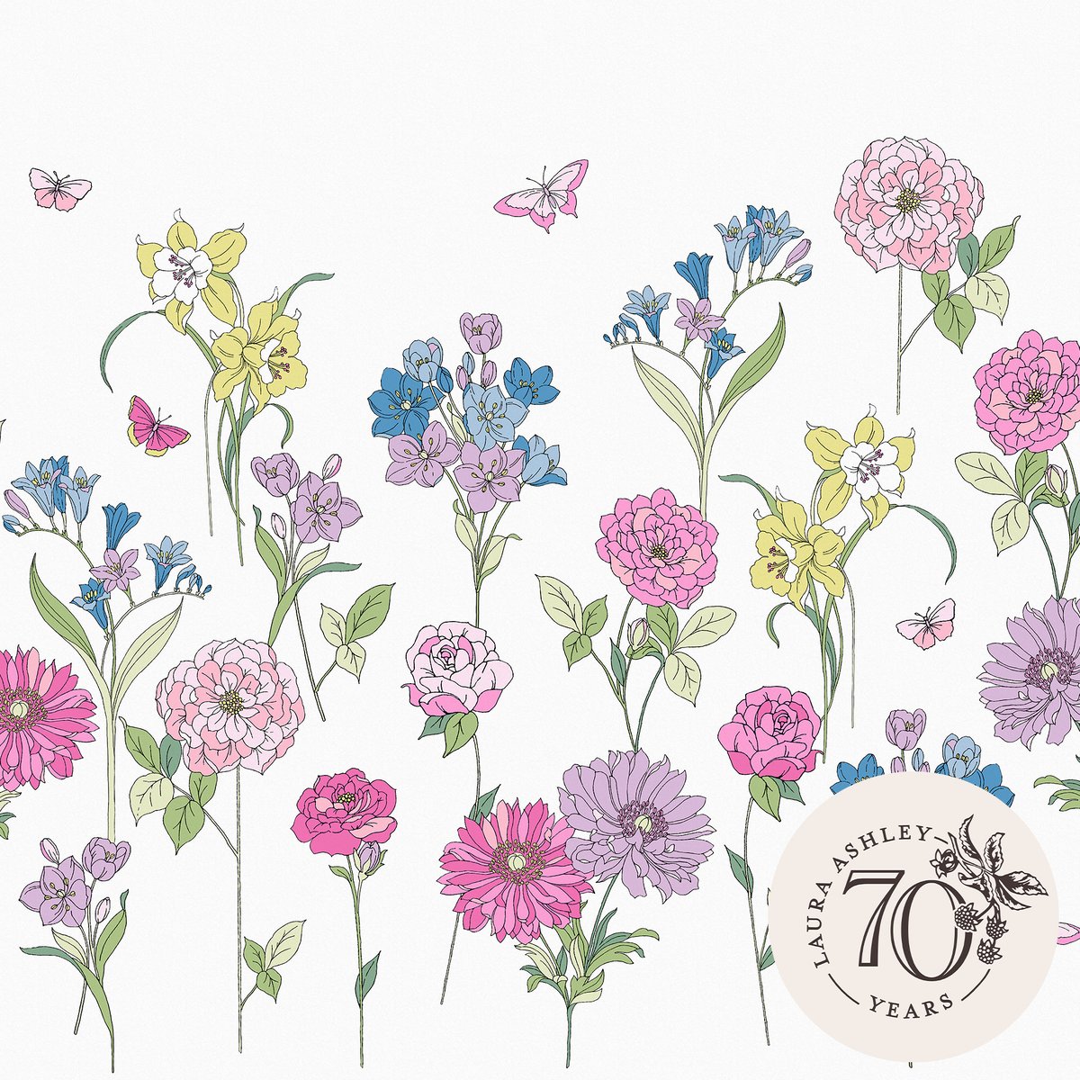 Papier peint panoramique Fleurs Gilly rose, bleu, vert, jaune, LAURA ASHLEY