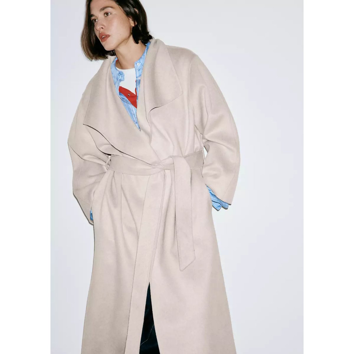 Manteau laine fait à la main ceinture gris clair/pastel, MANGO