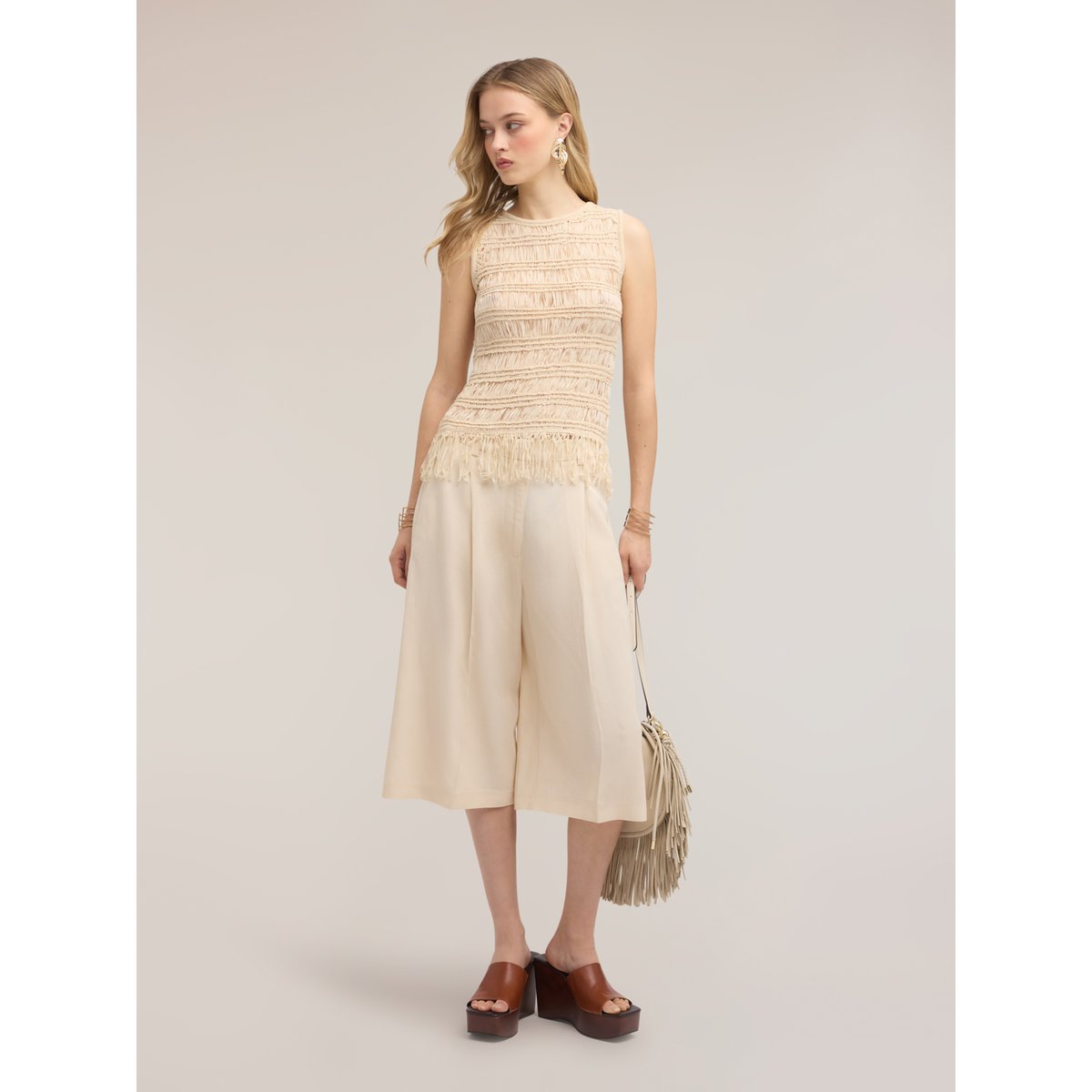 Top macramé à franges beige, MOTIVI