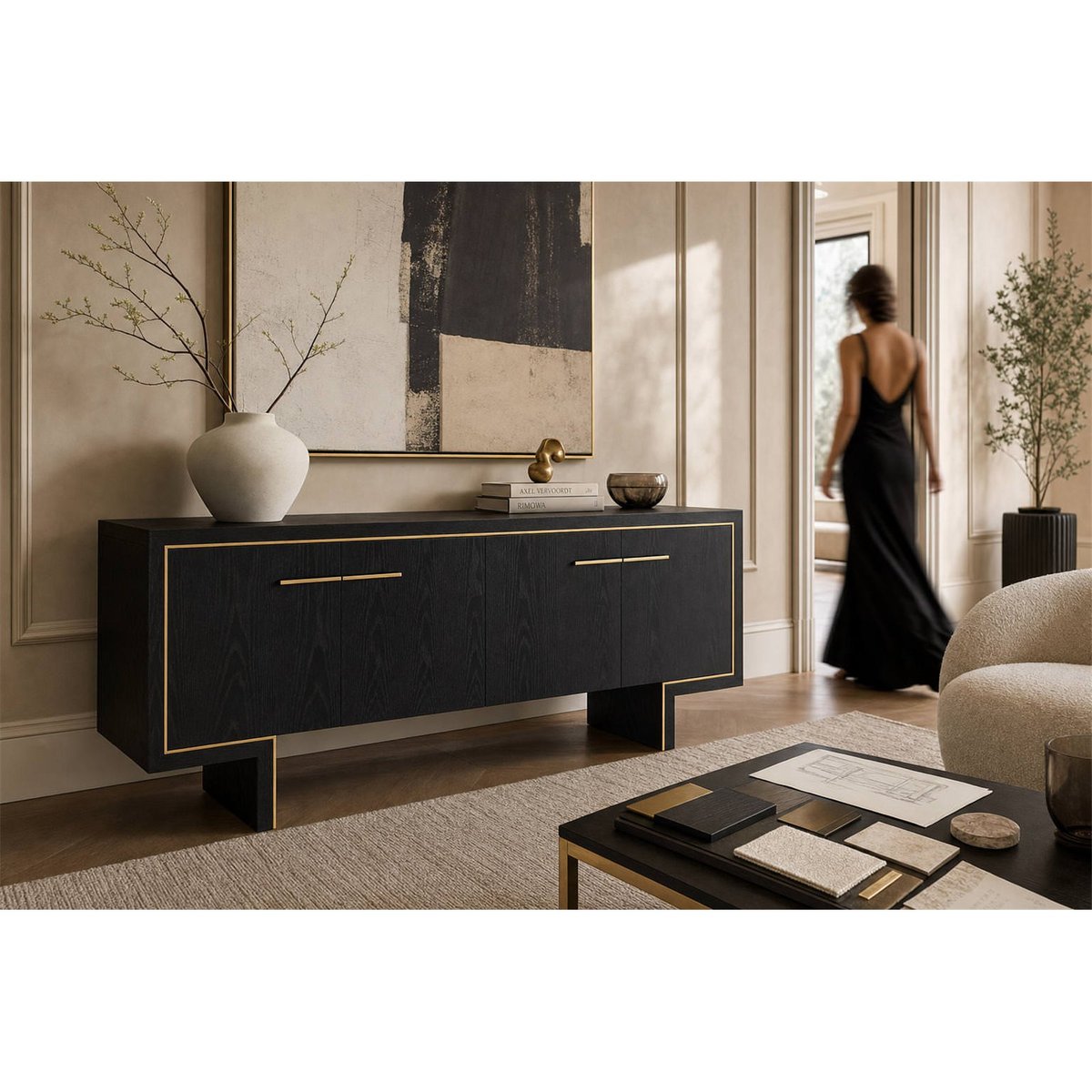 Buffet en frêne et métal noir et doré, RECOLLECTION