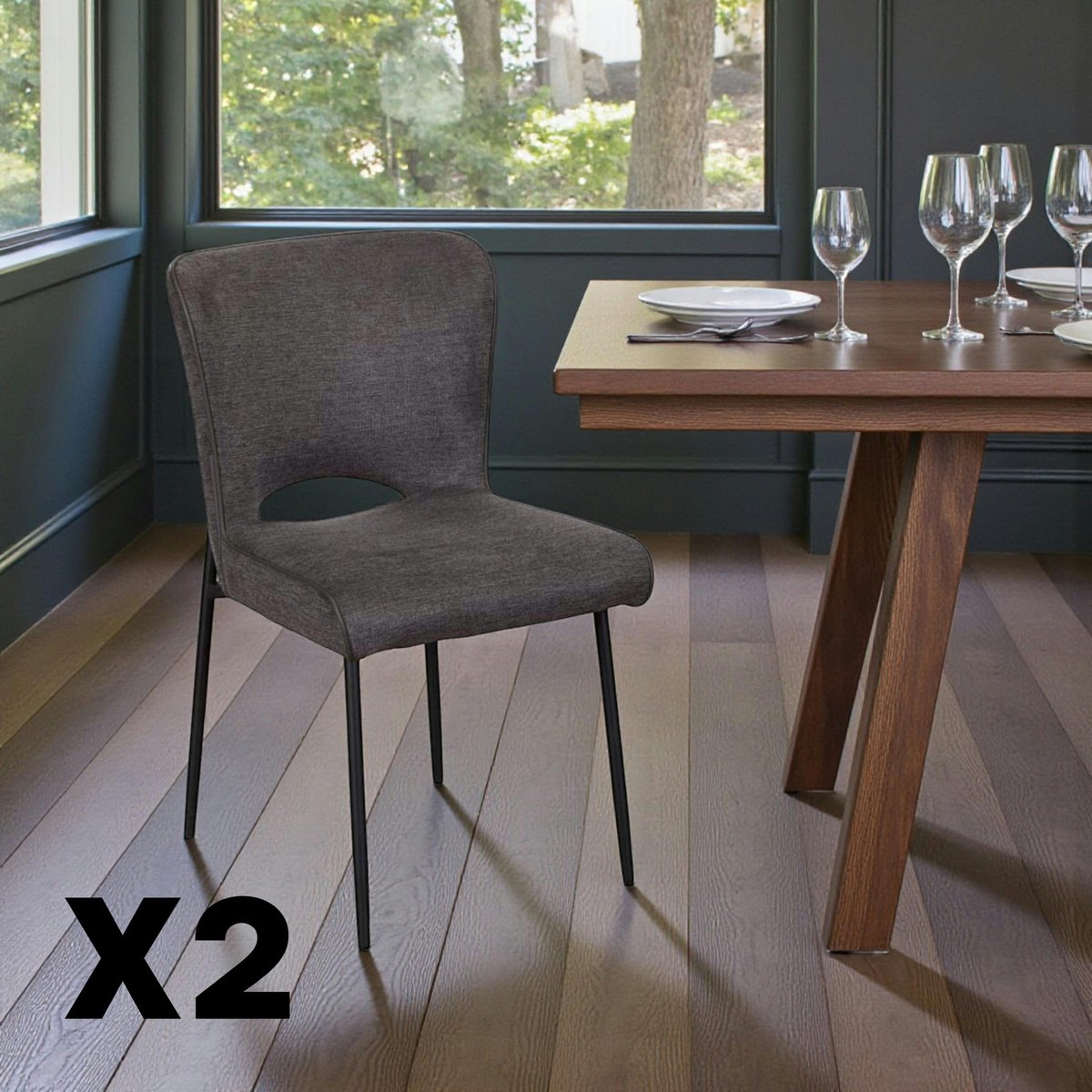 Chaise en tissu passepoil (lot de 2) OKA anthracite, PIER IMPORT