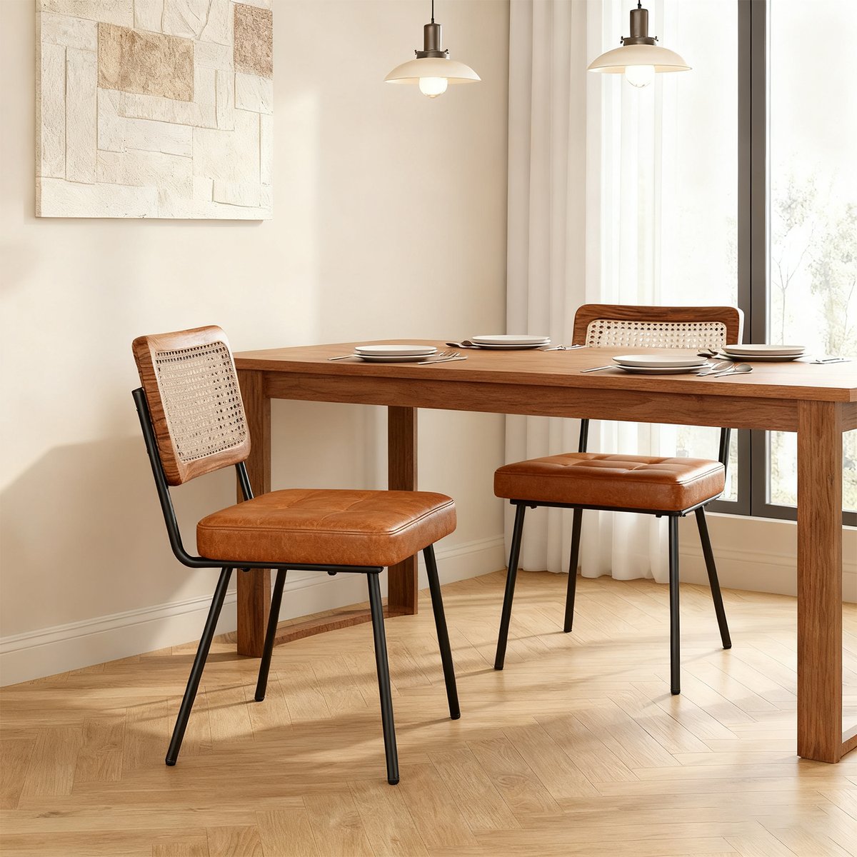 Lot de 2 chaises de salle à manger en simili cuir avec dossier en rotin PE style rétro moderne, KAROMIR marron, MEUBLES COSY