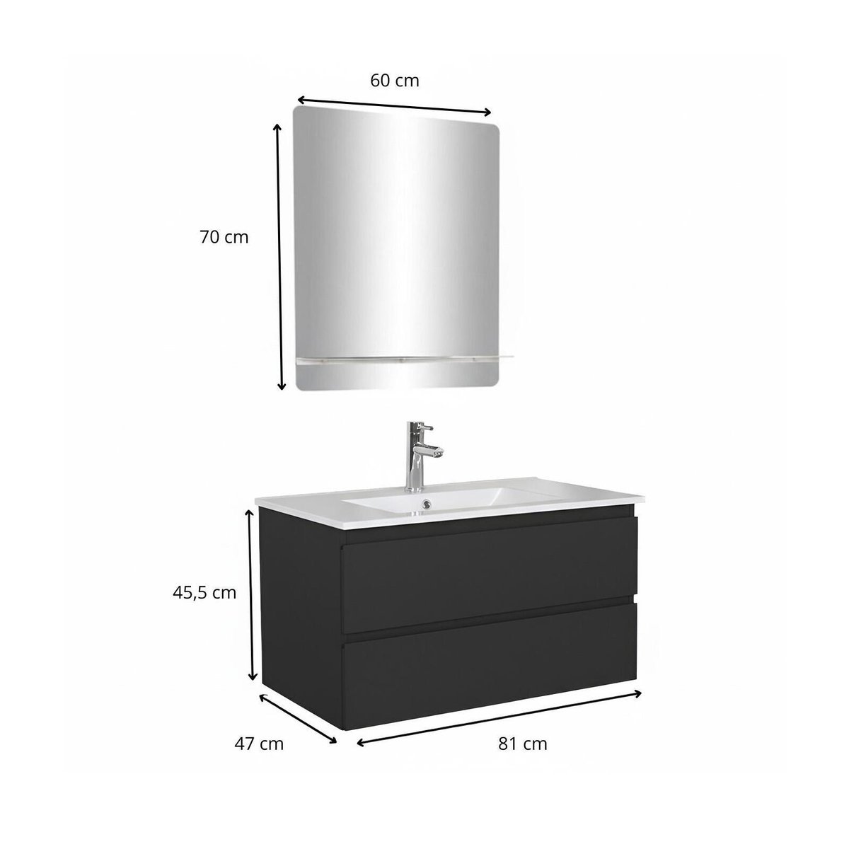 Meuble simple vasque 80cm décor chêne avec robinet et miroir SORRENTO noir satiné, MOB IN