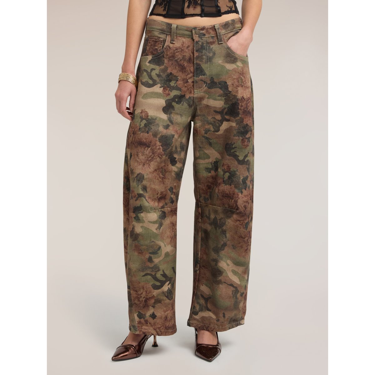 Pantalon coupe barrel à motif floral verde militare, MOTIVI