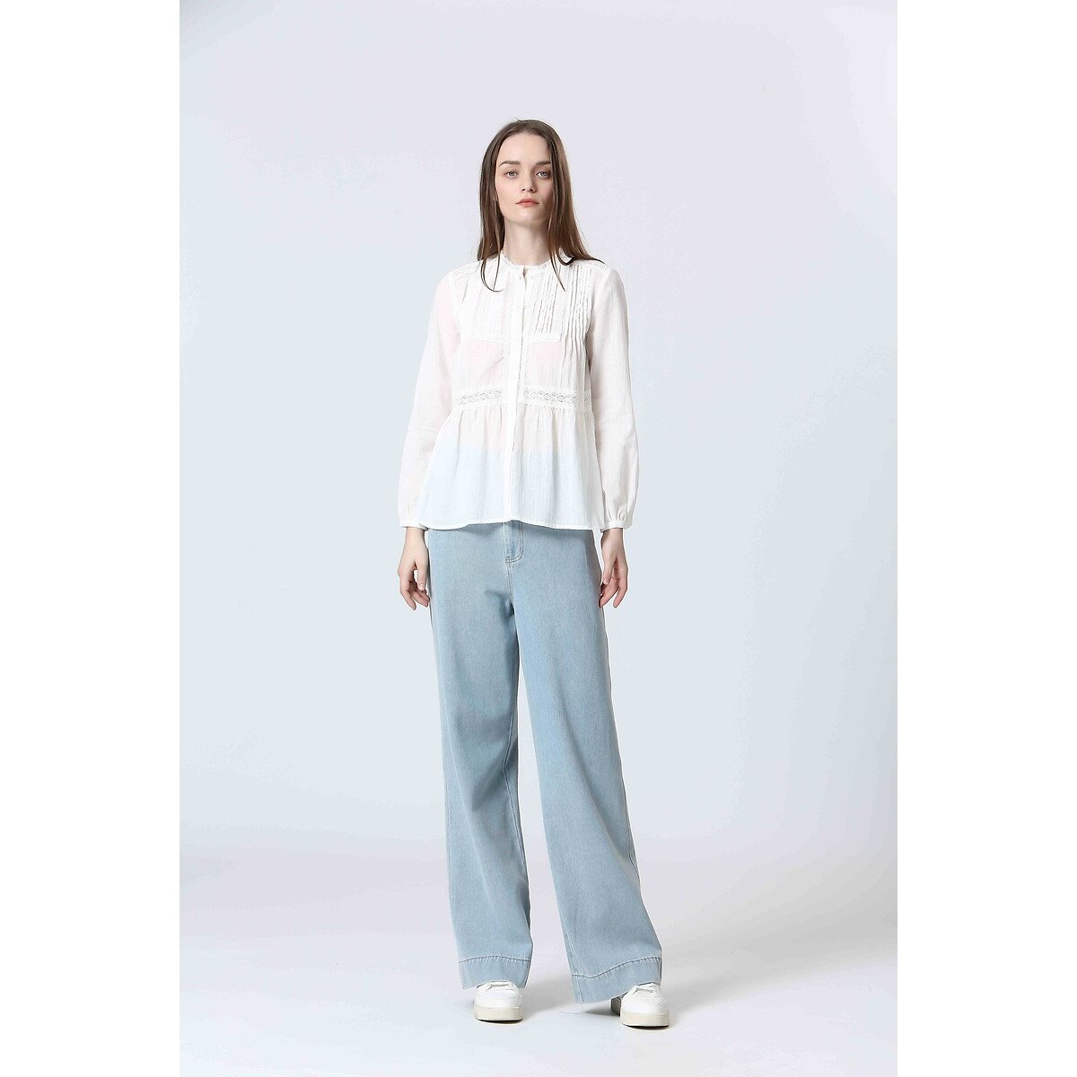 Long Sleeve Blouse with Lace Detail ecru , SEE U SOON