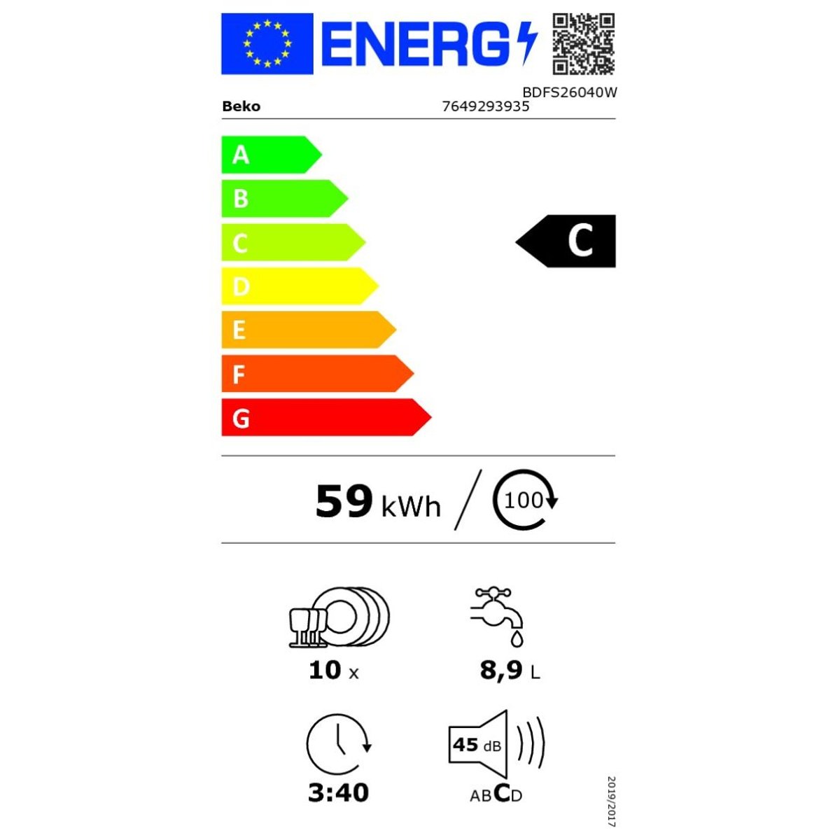Lave vaisselle 45 cm BDFS26040W blanc, BEKO