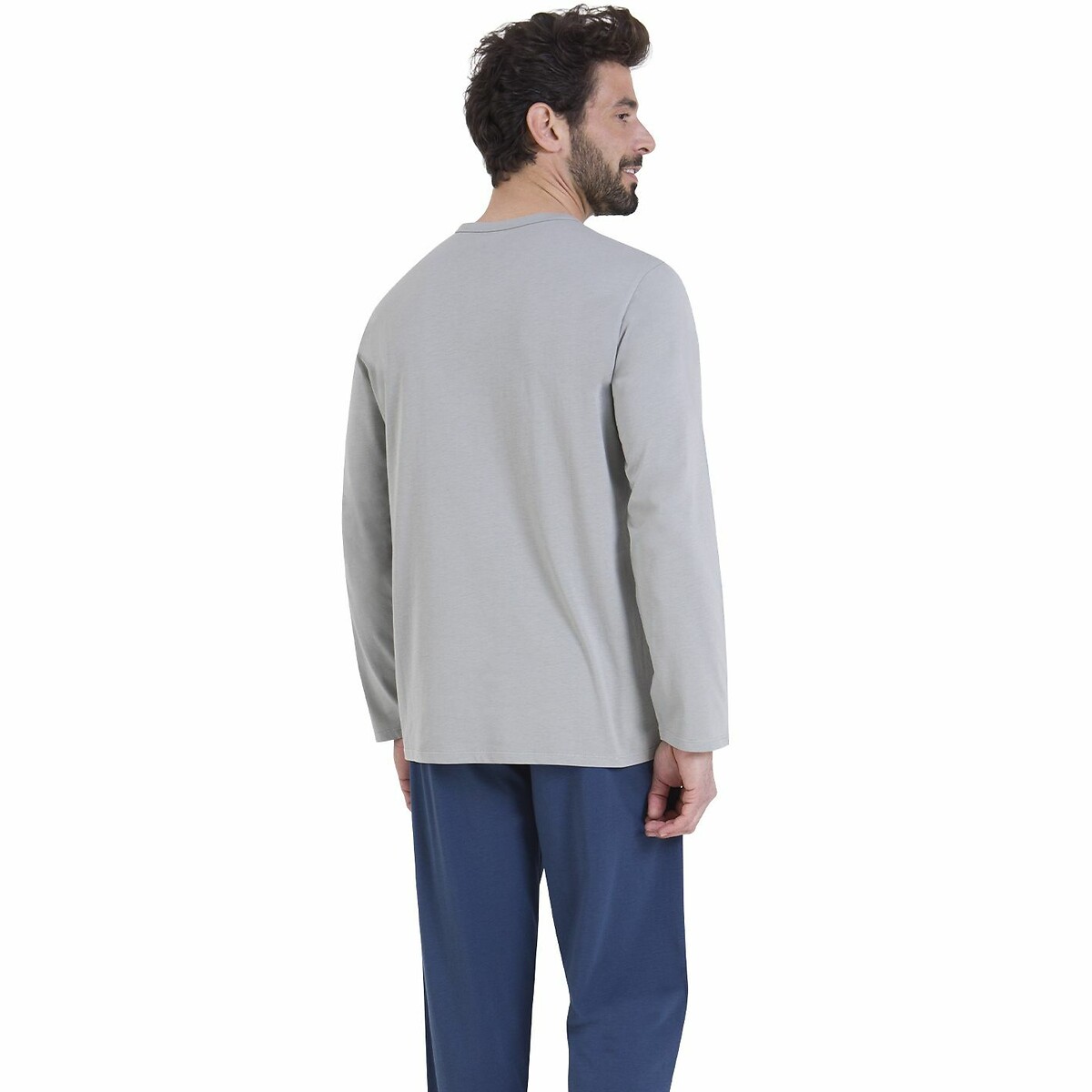Pyjama long avec imprimé gris + bleu marine, ATHENA