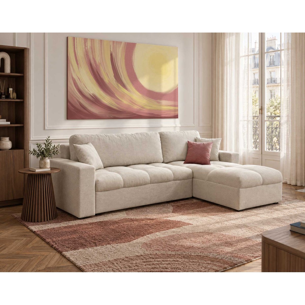 Canapé d'Angle Convertible en Tissu 4 places - CYRO beige, BEST MOBILIER