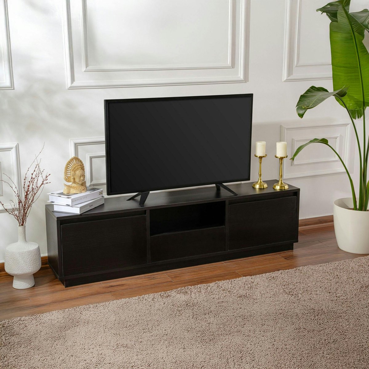 Meuble TV 3 portes - 4 niches MARFA aspect bois noir, PIER IMPORT
