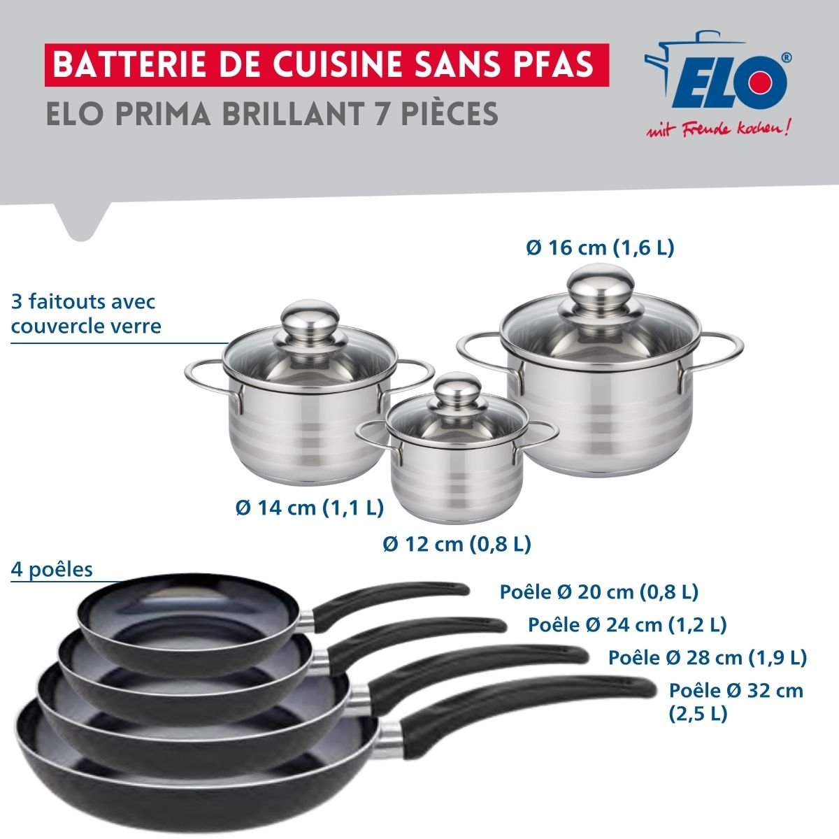 4 poêles 20/24/28/32cm + 3 faitouts 12/14/16cm PRIMA BRILLANT noir, ELO