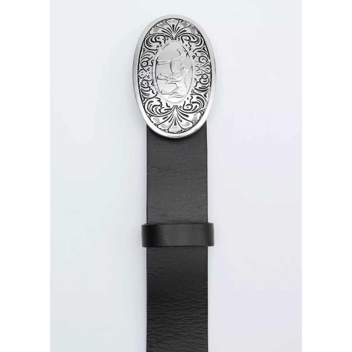 Ceinture cuir boucle gravée noir, MANGO