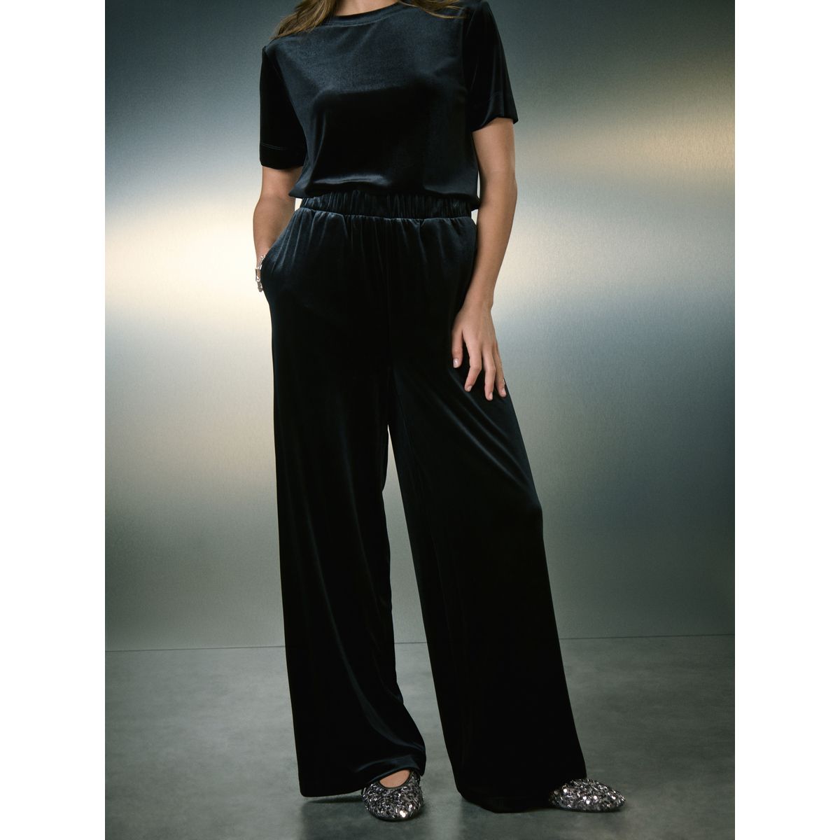 Pantalon large en velours noir, NEXT