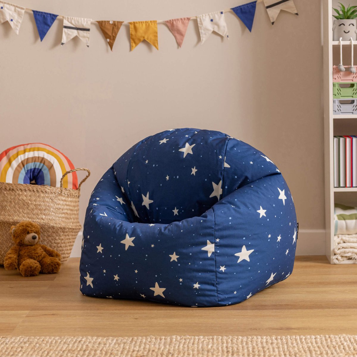 Pouf fauteuil imprimé pour enfants Oeko-Tex® bleu marine, BEAN BAG BAZAAR