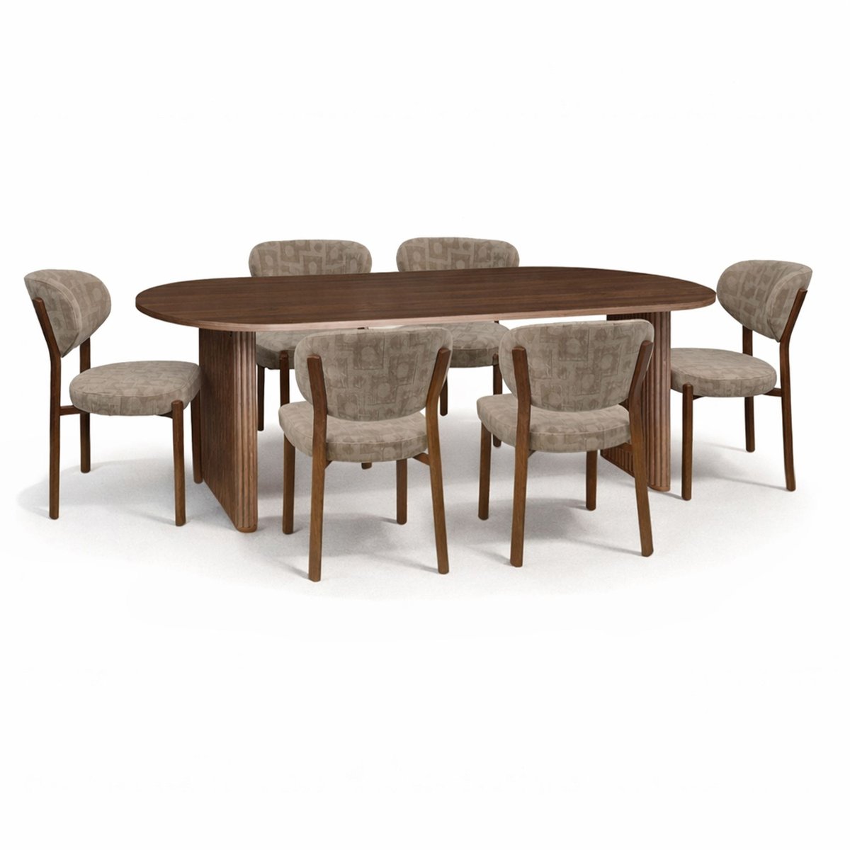 Table ovale 230cm effet noyer et 6 fauteuils en tissu couleur unique, NOW'S HOME