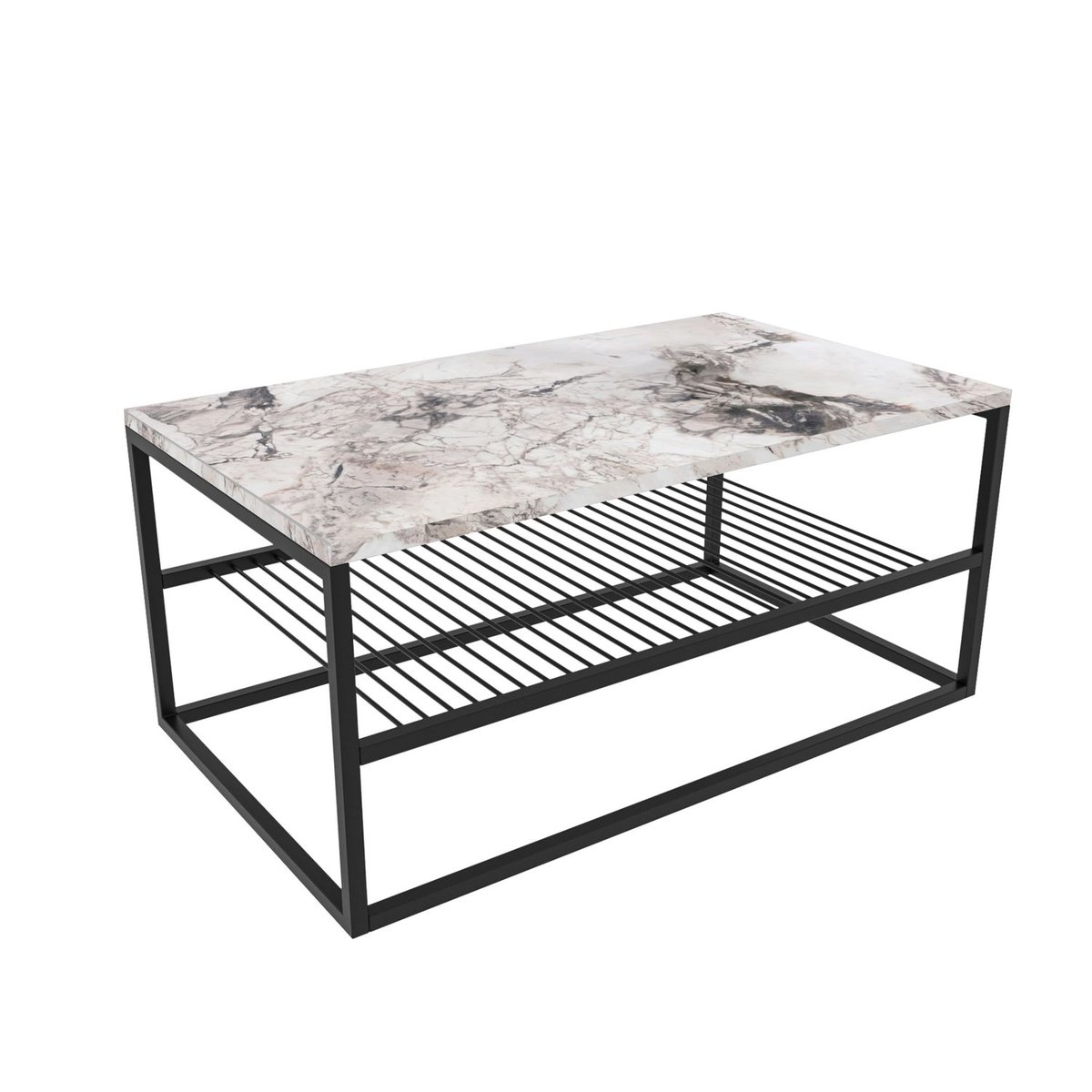Table basse 1 étagère grillage avec structure en acier design industriel blanc, TOILINUX