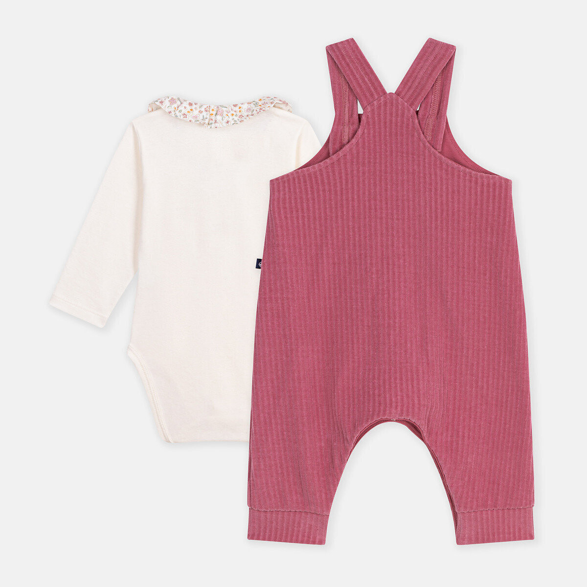Set composto da salopette e body in felpa, con collo con stampa floreale blu + écru, PETIT BATEAU