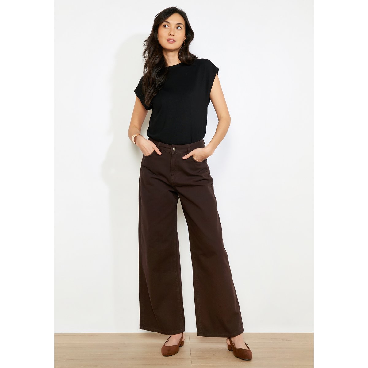 Pantalon ample taille mi-haute brun fonce chocolate, LOLALIZA