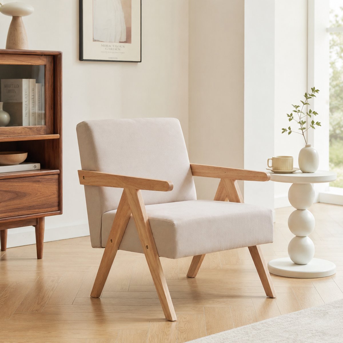 Fauteuil de salon en bois massif, SANTAREM beige, NORDLYS