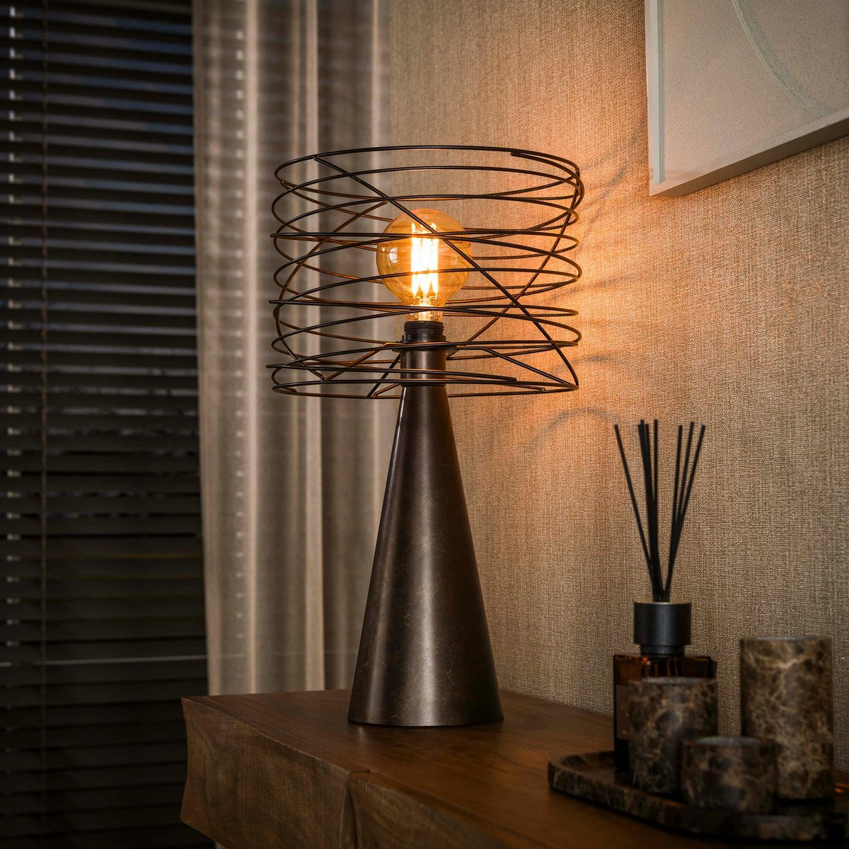 Lampe de salon en métal, abat-jour fil RALF brun, PIER IMPORT