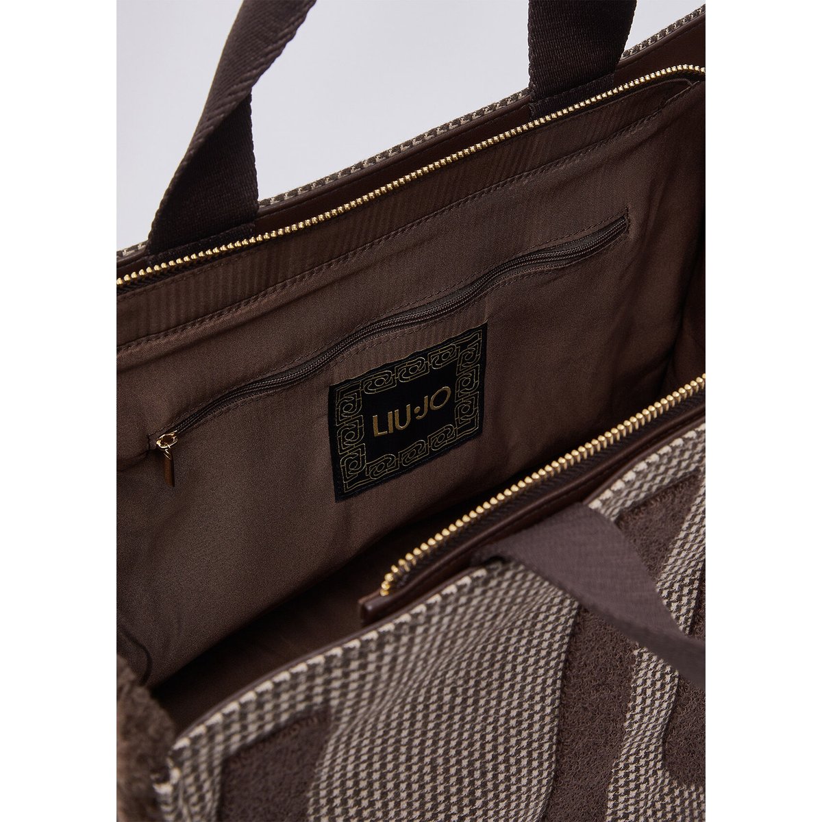 Grand cabas en tissu à carreaux marron foncé, LIU JO