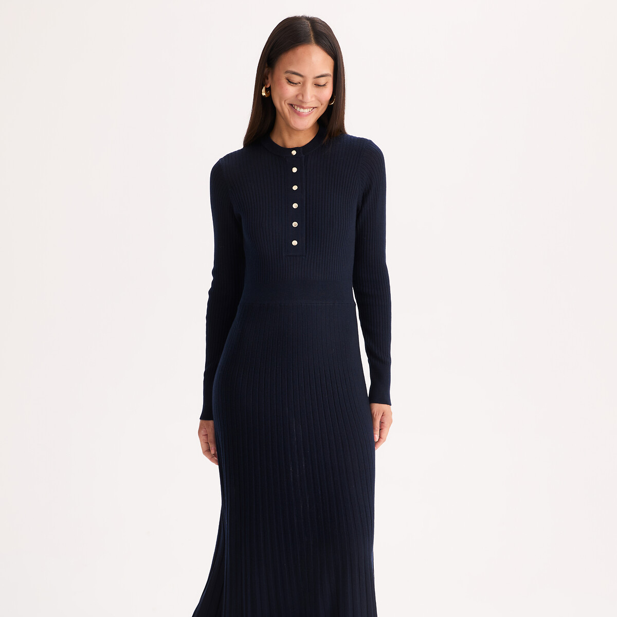 Robe col rond, longueur midi, en laine mélangée côtelée bleu marine, ANNE WEYBURN