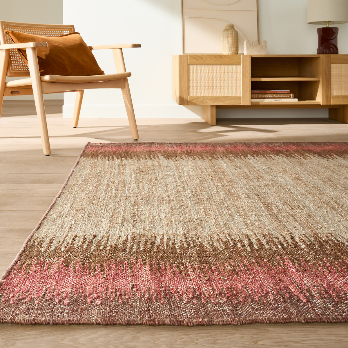 Tapis vintage en 91% jute, IKAT naturel/rose, LA REDOUTE INTERIEURS