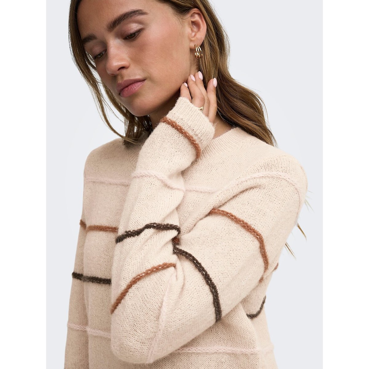 Pull girocollo a righe colorate beige, JDY