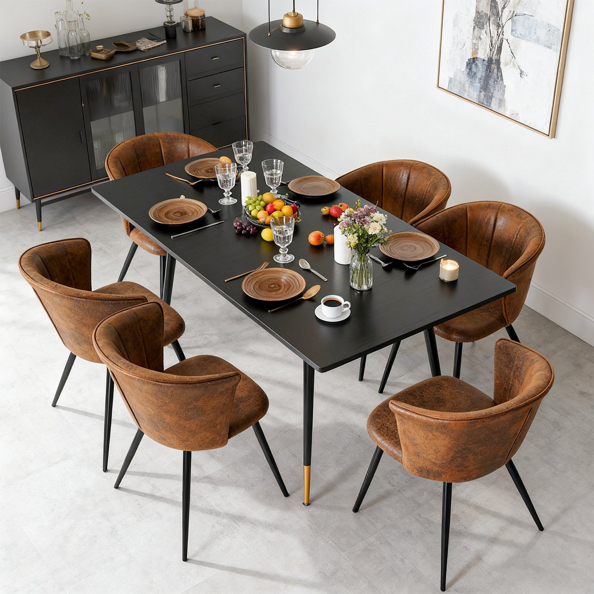 Lot de 6 chaises de salle à manger en microfibre effet suédine style vintage rétro avec structure en métal noir, DONCIC marron, MEUBLES COSY