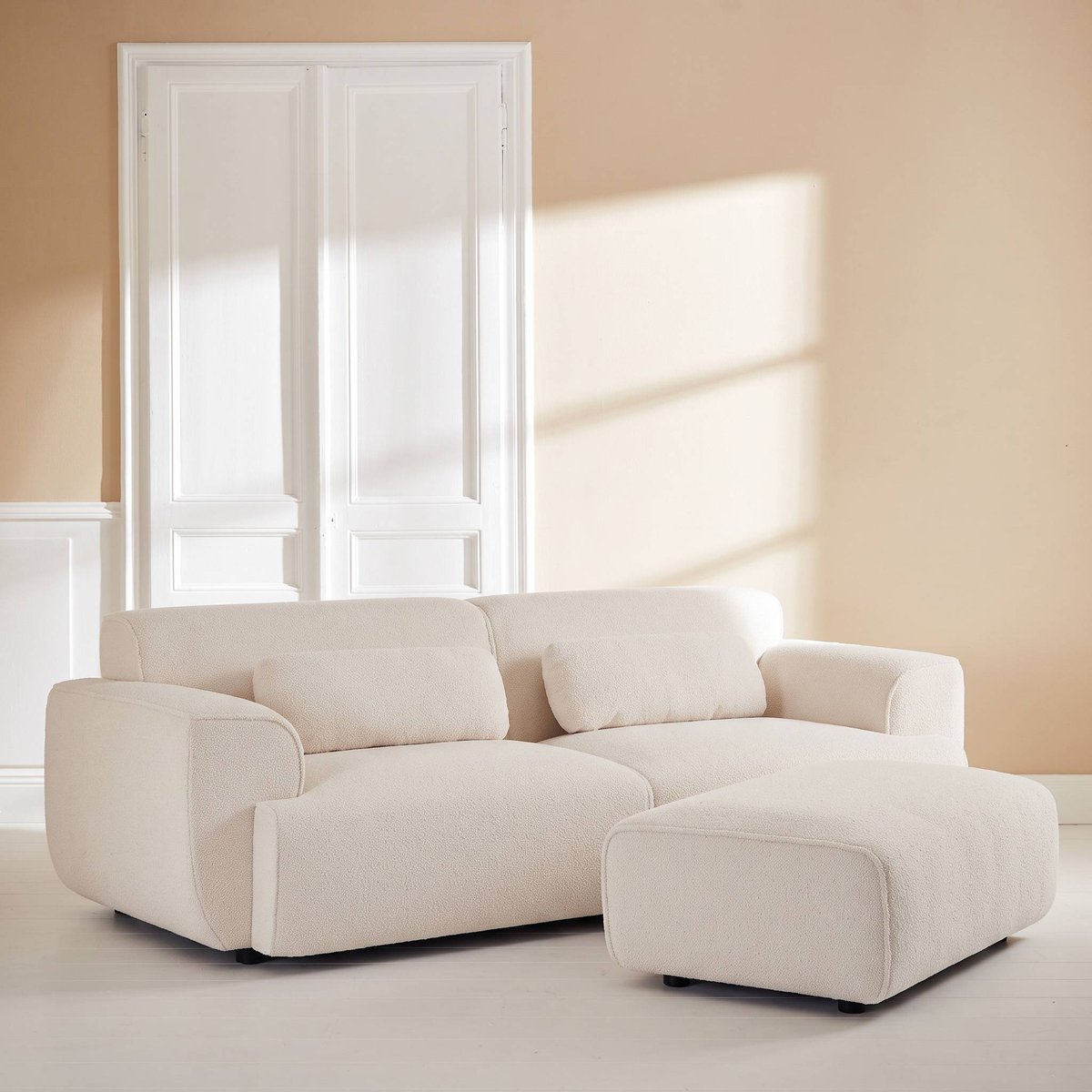 Pouf, repose-pieds pour canapé 3 places Wallas bouclette WALLAS crème, SWEEEK