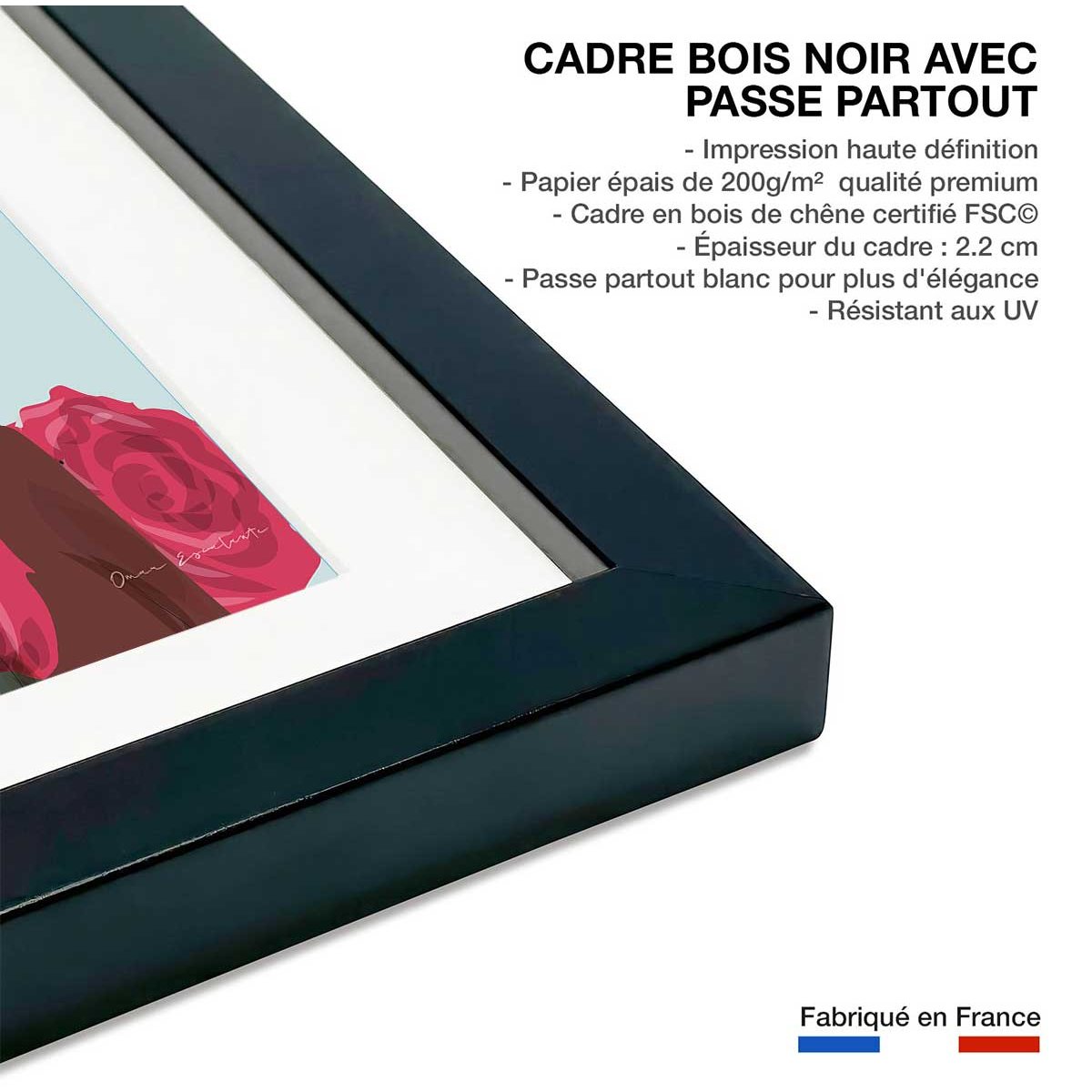 Affiche mode La femme aux roses affiche + cadre en bois - noir, HEXOA