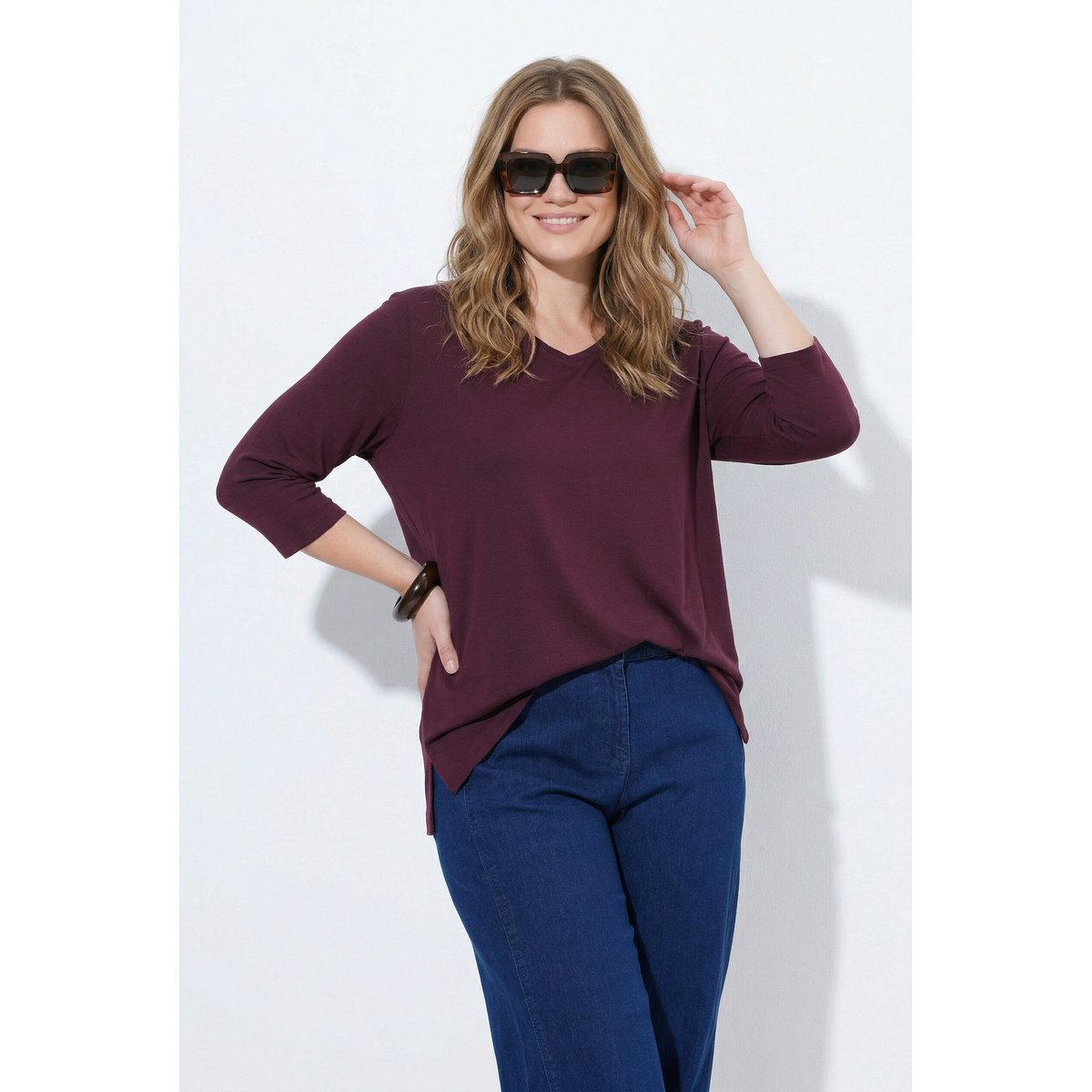 Lot de 2 T-shirts en jersey bord-côte bordeaux, ULLA POPKEN
